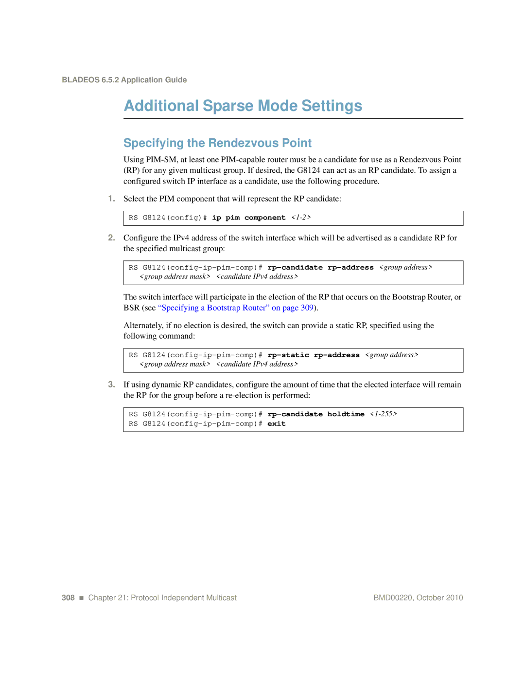 Blade ICE G8124-E manual Additional Sparse Mode Settings, Specifying the Rendezvous Point 