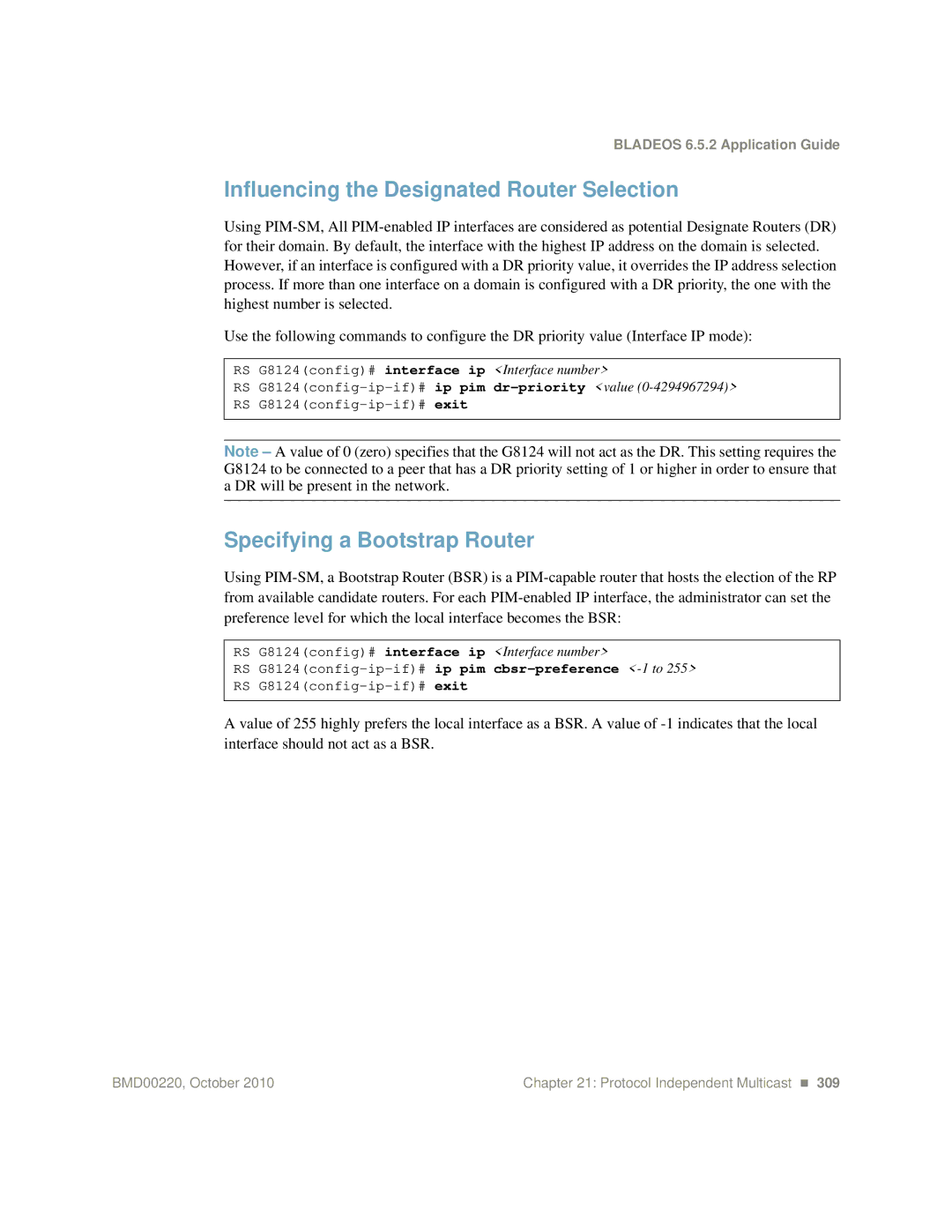 Blade ICE G8124-E manual Influencing the Designated Router Selection, Specifying a Bootstrap Router 