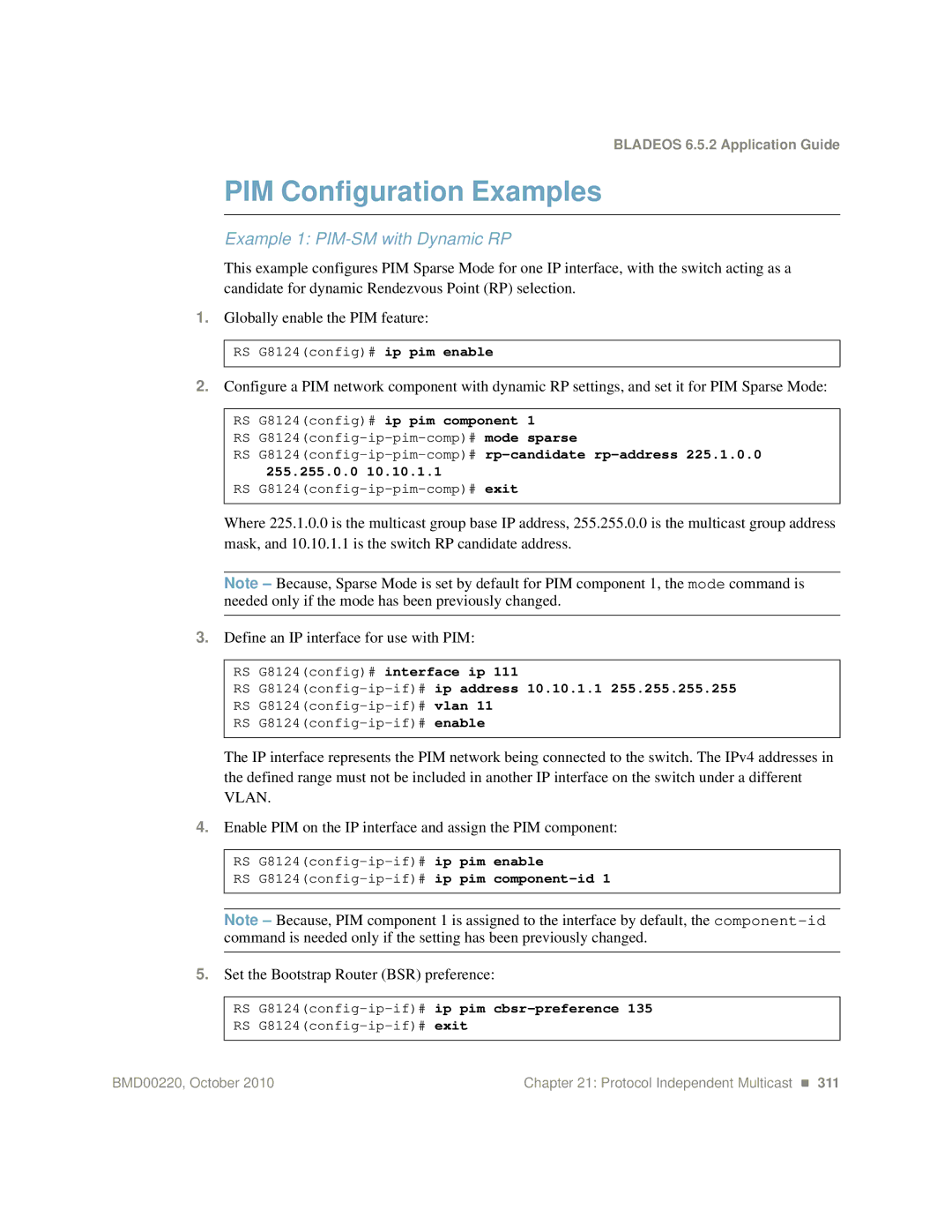 Blade ICE G8124-E PIM Configuration Examples, Example 1 PIM-SM with Dynamic RP, Set the Bootstrap Router BSR preference 