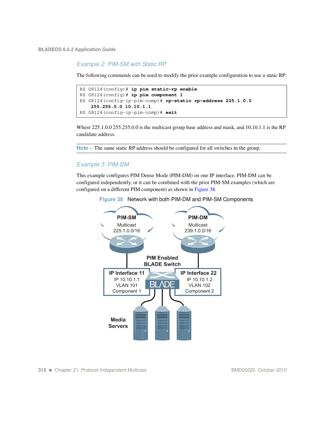 Blade ICE manual Example 2 PIM-SM with Static RP, Example 3 PIM-DM, RS G8124config# ip pim static-rp enable, 255.255.0.0 