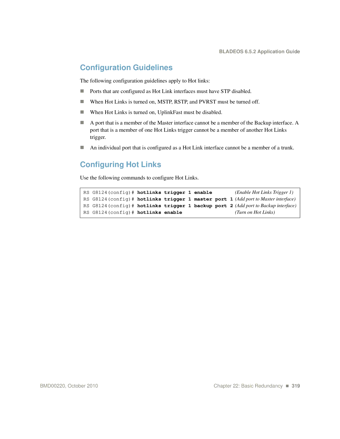 Blade ICE G8124-E manual Configuring Hot Links, Use the following commands to configure Hot Links 