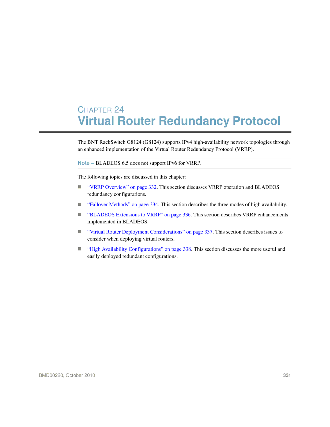 Blade ICE G8124-E manual Virtual Router Redundancy Protocol 