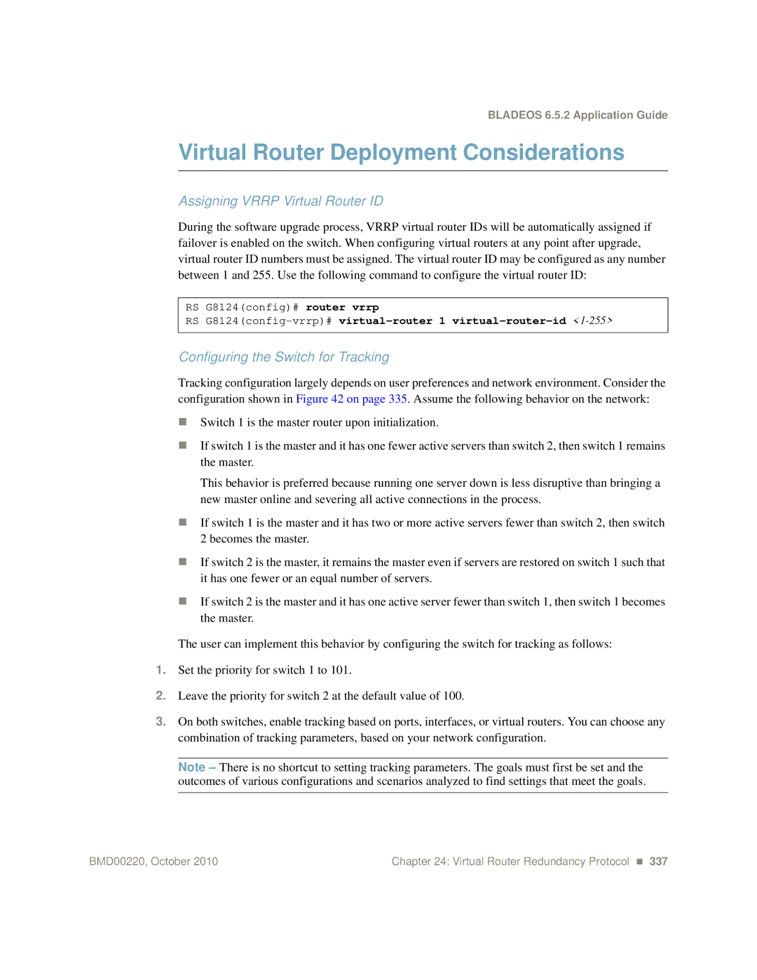 Blade ICE G8124-E manual Virtual Router Deployment Considerations, Assigning Vrrp Virtual Router ID 