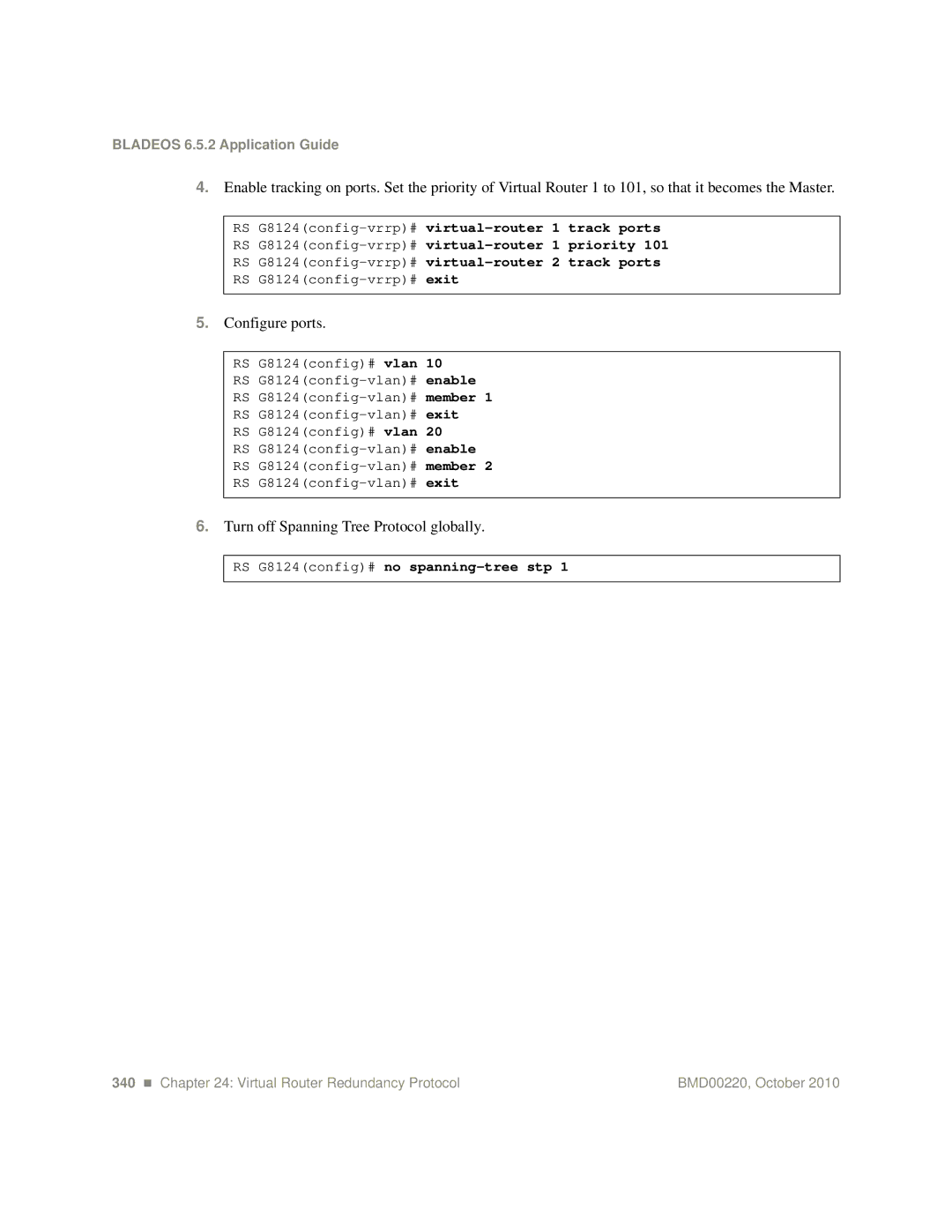 Blade ICE G8124-E manual Configure ports, Turn off Spanning Tree Protocol globally 