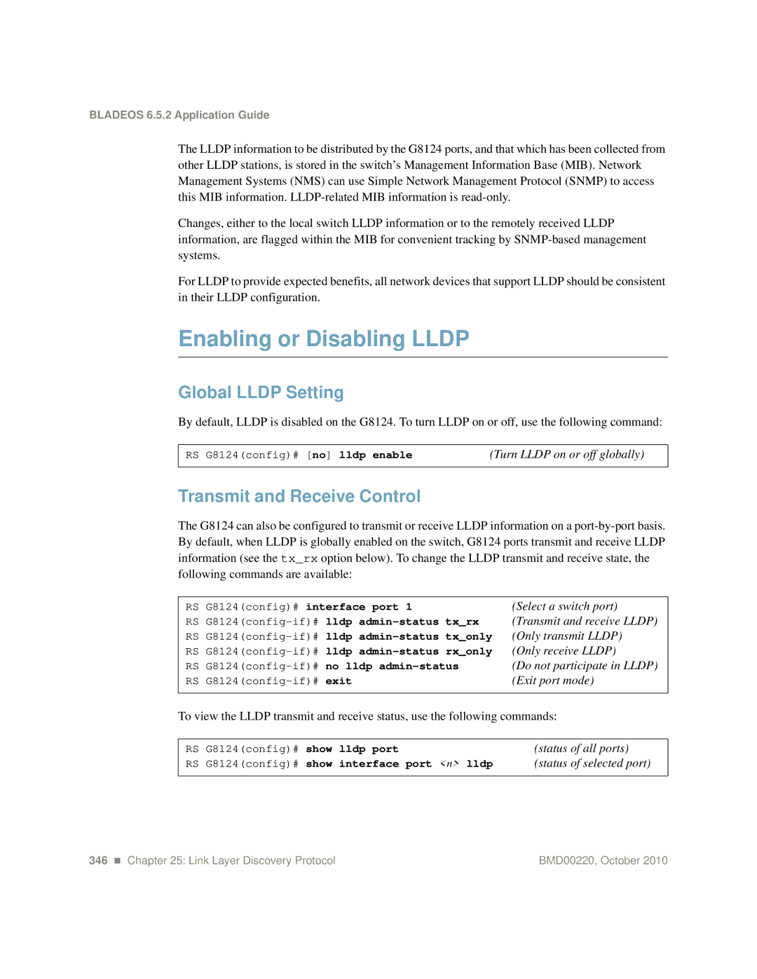 Blade ICE G8124-E manual Enabling or Disabling Lldp, Global Lldp Setting, Transmit and Receive Control 