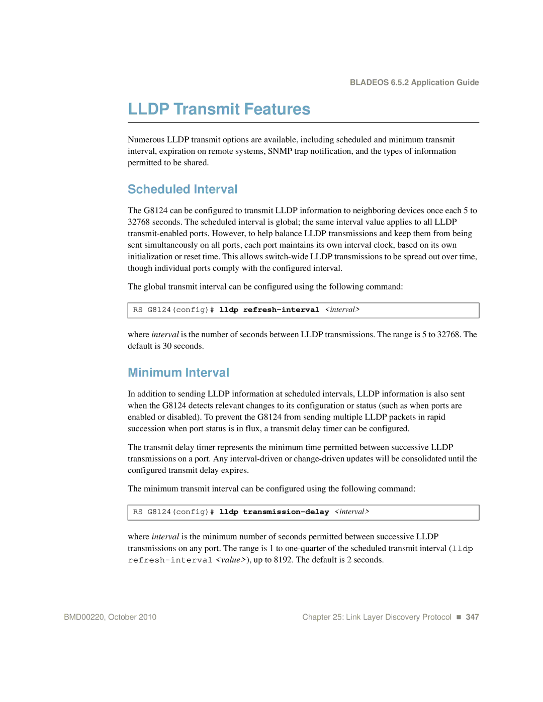 Blade ICE G8124-E manual Lldp Transmit Features, Scheduled Interval, Minimum Interval 