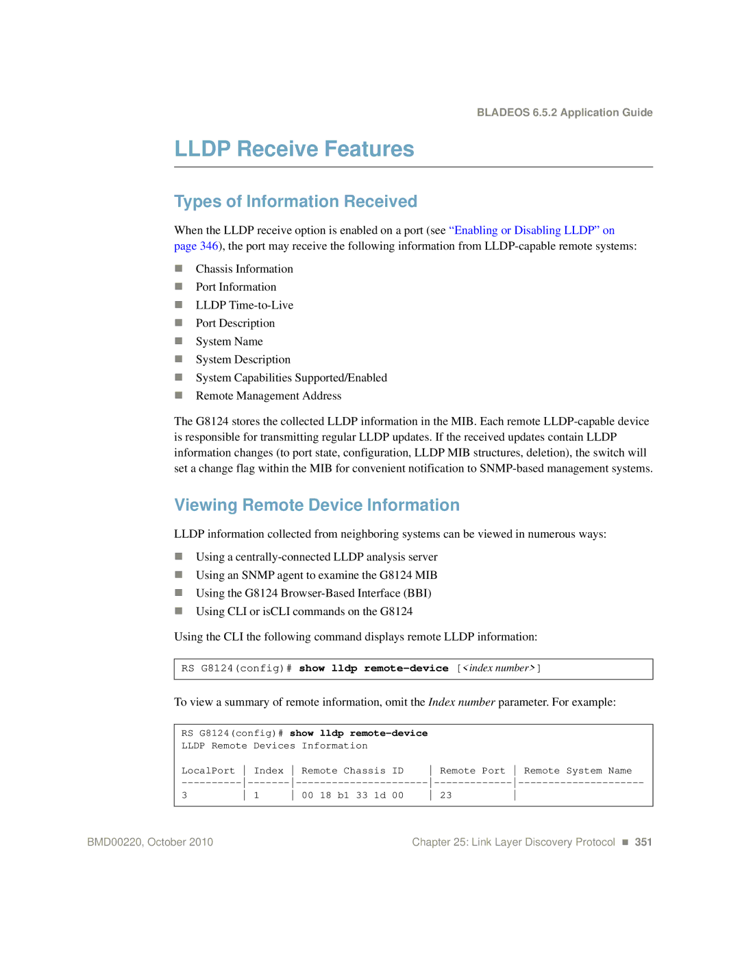 Blade ICE G8124-E manual Lldp Receive Features, Types of Information Received, Viewing Remote Device Information 
