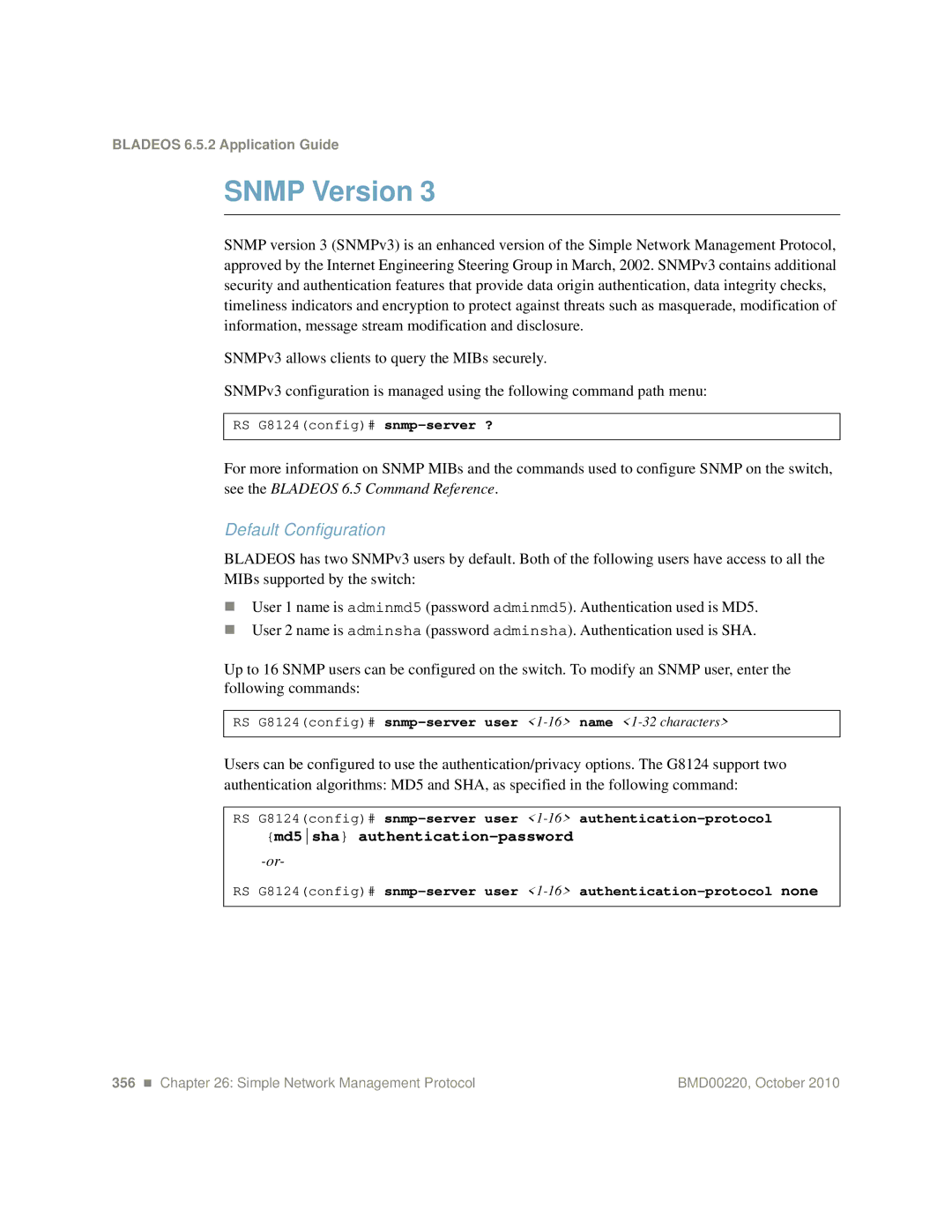 Blade ICE G8124-E manual Default Configuration, RS G8124config# snmp-server user 1-16authentication-protocol 