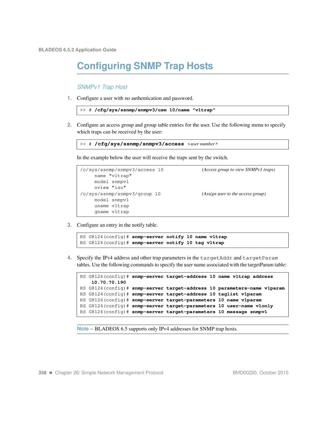 Blade ICE G8124 manual Configuring Snmp Trap Hosts, SNMPv1 Trap Host, Configure a user with no authentication and password 