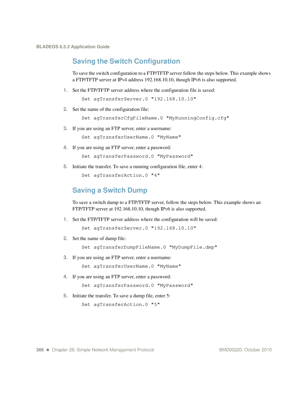 Blade ICE G8124-E manual Saving the Switch Configuration, Saving a Switch Dump, Set the name of dump file 