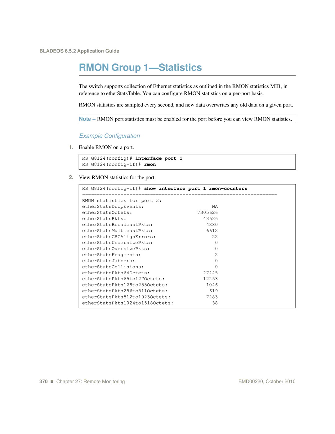 Blade ICE G8124 Rmon Group 1-Statistics, Example Configuration, Enable Rmon on a port, View Rmon statistics for the port 