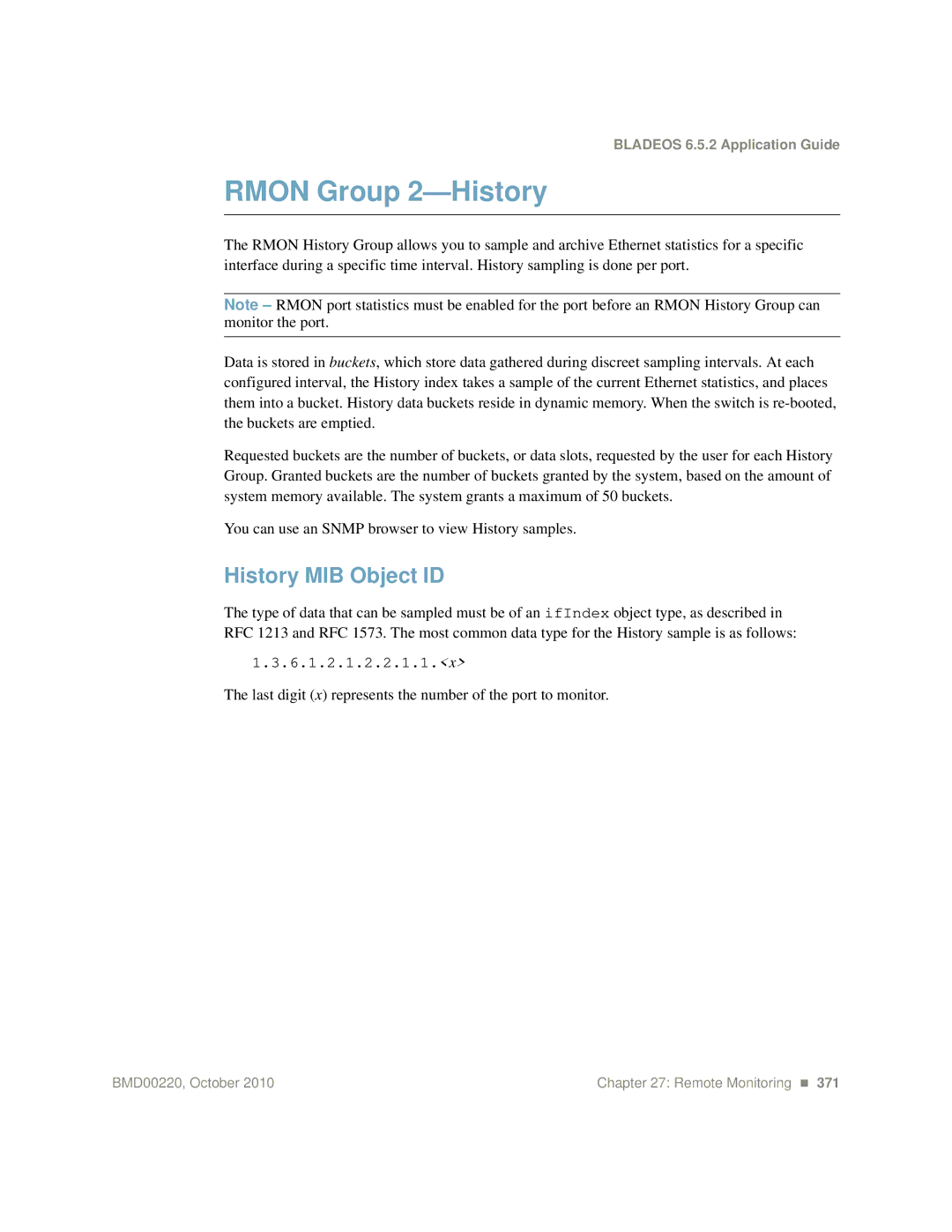 Blade ICE G8124-E Rmon Group 2-History, History MIB Object ID, Last digit x represents the number of the port to monitor 