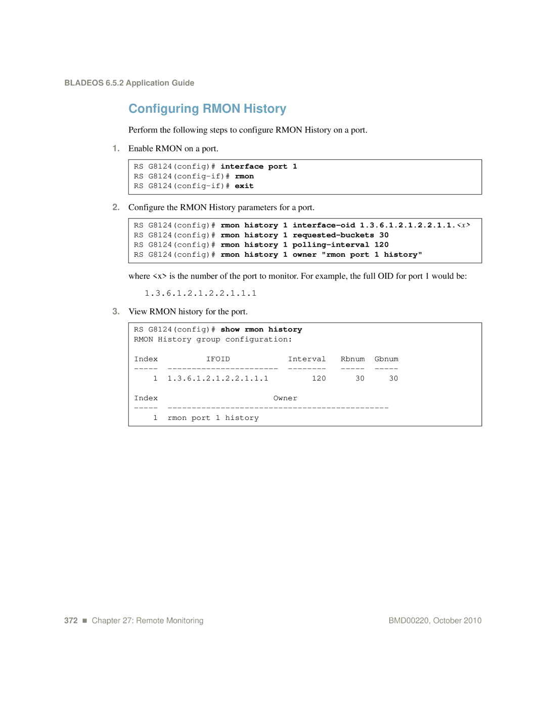 Blade ICE G8124 Configuring Rmon History, Configure the Rmon History parameters for a port, View Rmon history for the port 