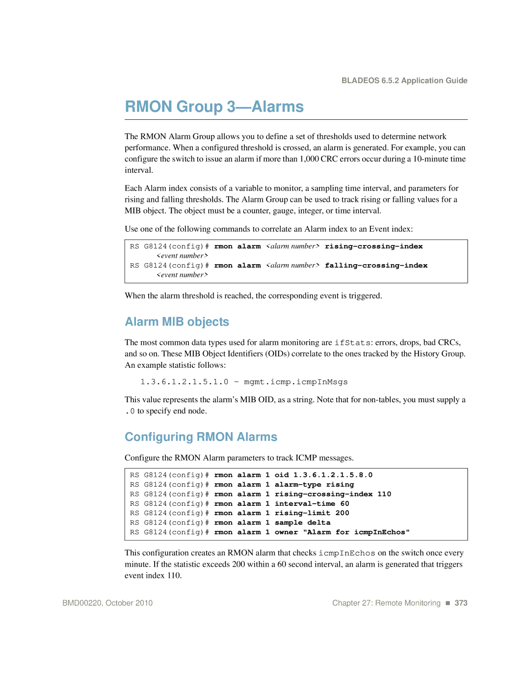 Blade ICE G8124-E manual Rmon Group 3-Alarms, Alarm MIB objects, Configuring Rmon Alarms 