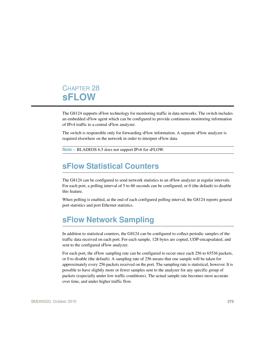 Blade ICE G8124-E manual Sflow, SFlow Statistical Counters, SFlow Network Sampling 