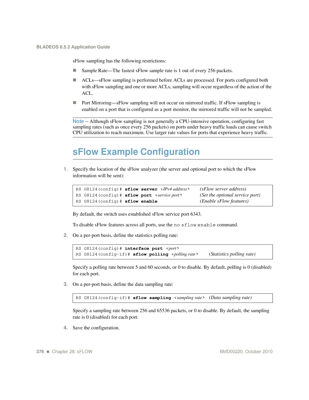 Blade ICE G8124-E manual SFlow Example Configuration, RS G8124config# sflow Server, G8124config# Sflow Enable 