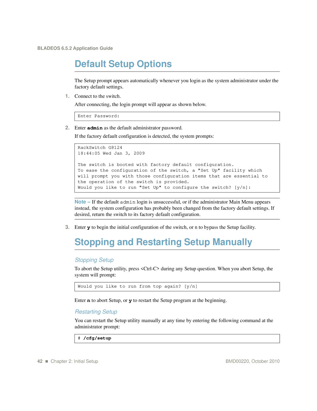 Blade ICE G8124-E manual Default Setup Options, Stopping and Restarting Setup Manually, Stopping Setup, # /cfg/setup 