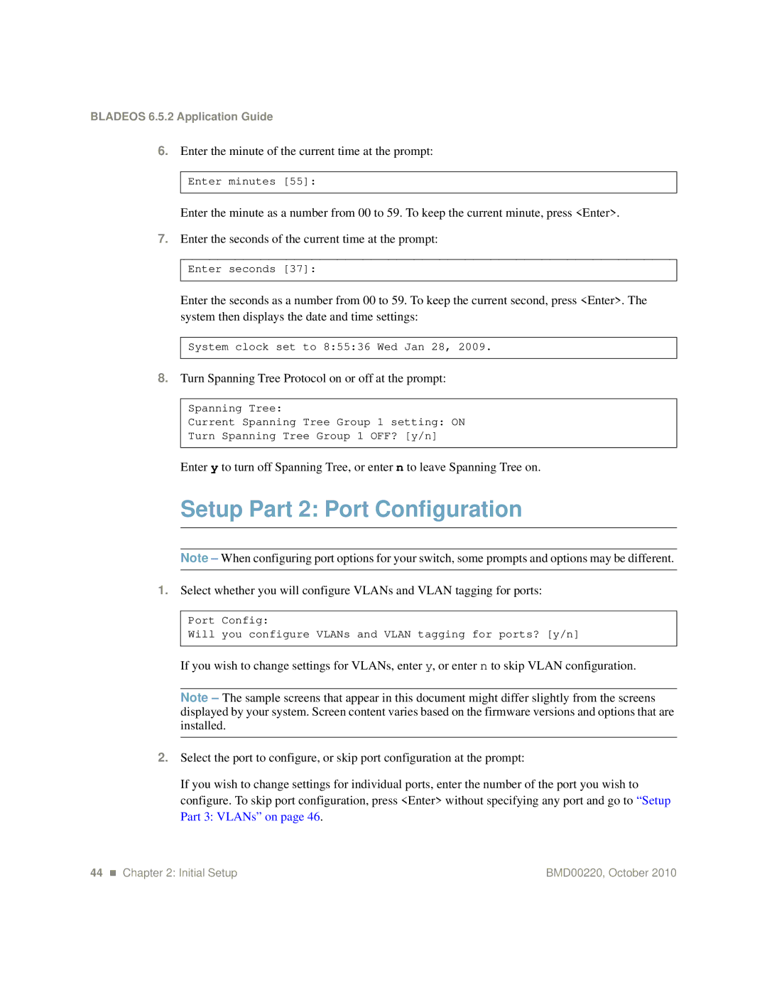 Blade ICE G8124-E manual Setup Part 2 Port Configuration, Enter the minute of the current time at the prompt 