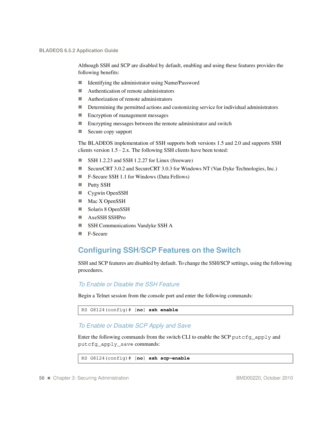 Blade ICE G8124-E manual Configuring SSH/SCP Features on the Switch, To Enable or Disable the SSH Feature 