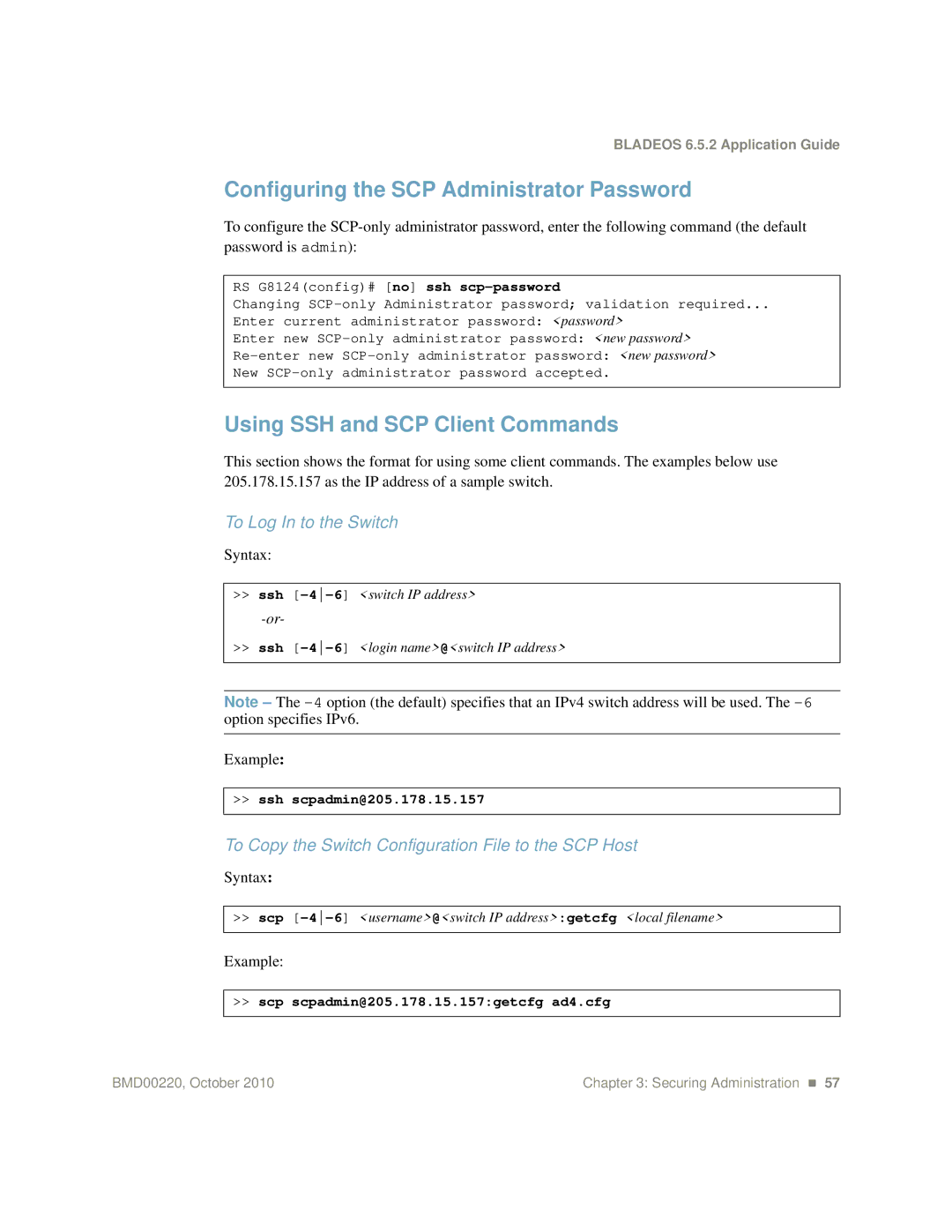 Blade ICE G8124-E Configuring the SCP Administrator Password, Using SSH and SCP Client Commands, To Log In to the Switch 