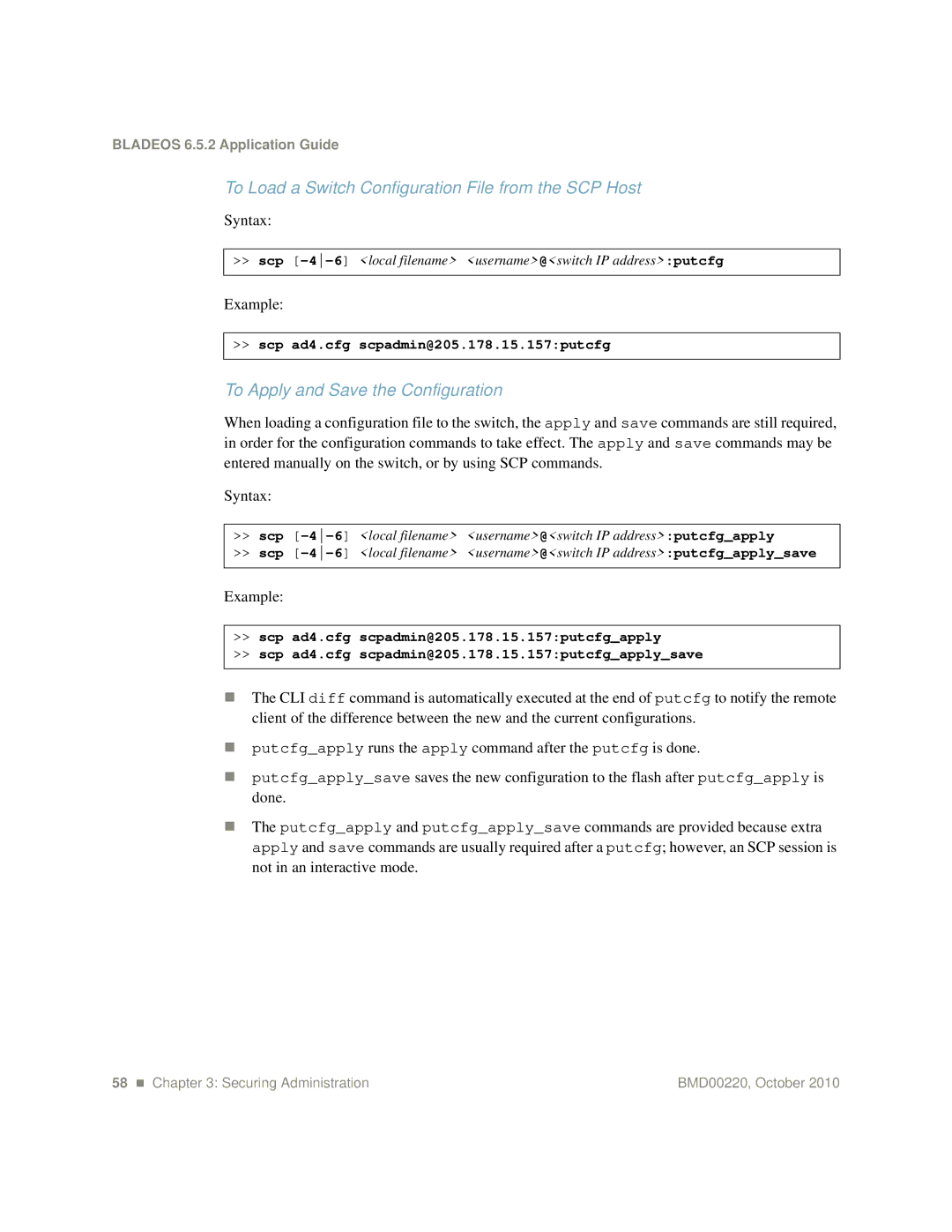 Blade ICE G8124-E manual To Load a Switch Configuration File from the SCP Host, To Apply and Save the Configuration 