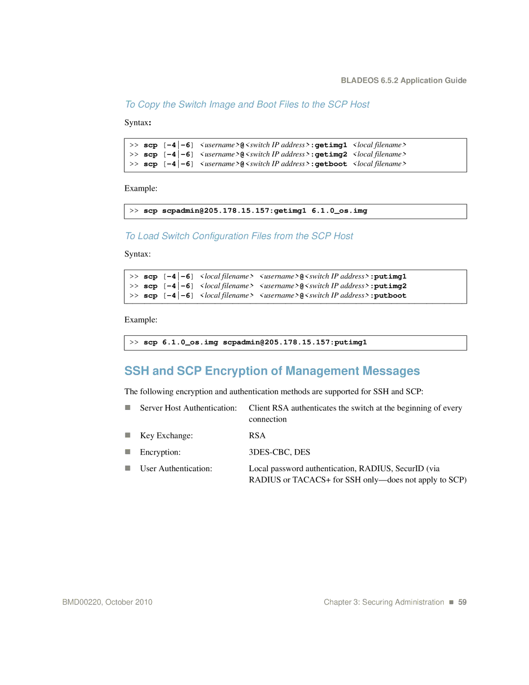 Blade ICE G8124-E SSH and SCP Encryption of Management Messages, To Copy the Switch Image and Boot Files to the SCP Host 