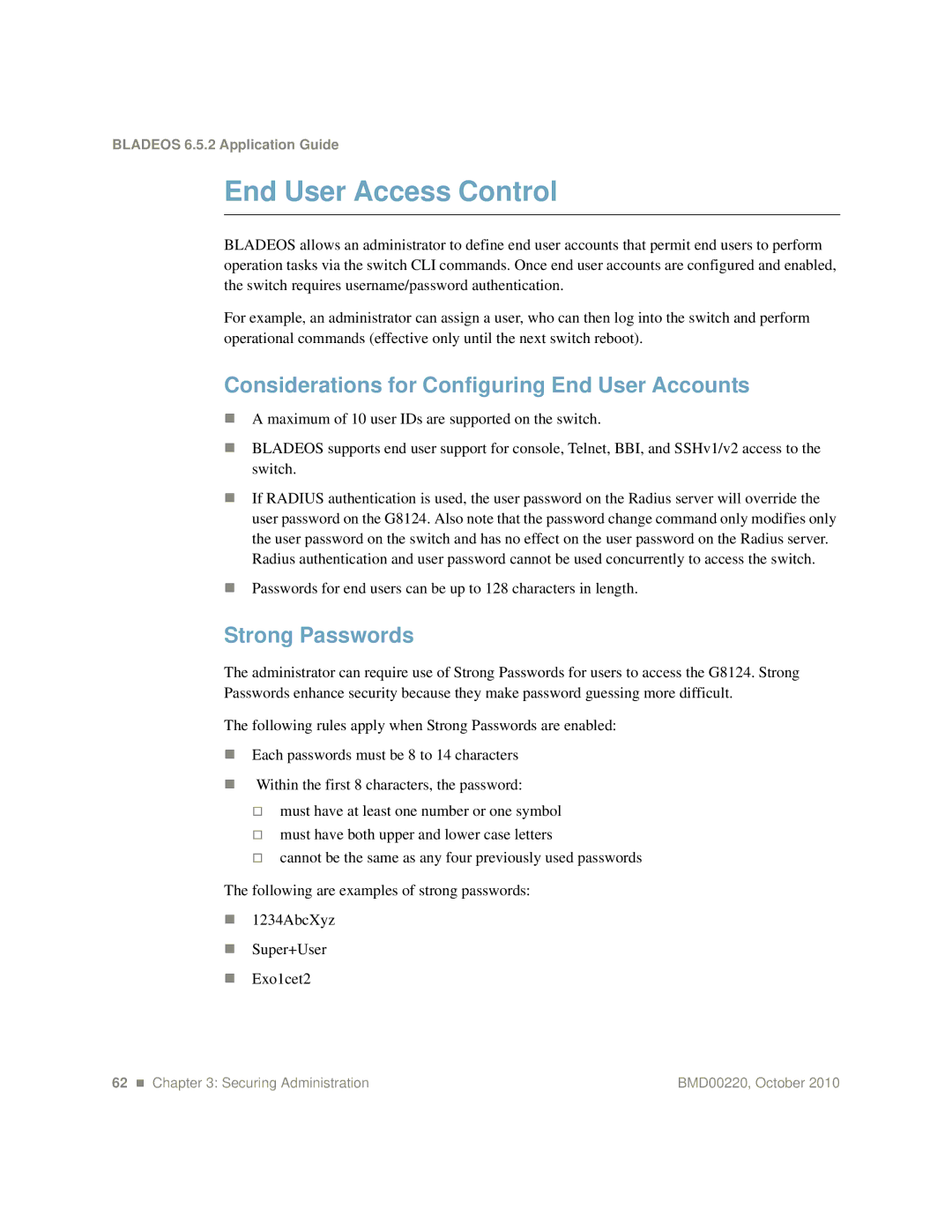 Blade ICE G8124-E manual End User Access Control, Considerations for Configuring End User Accounts, Strong Passwords 