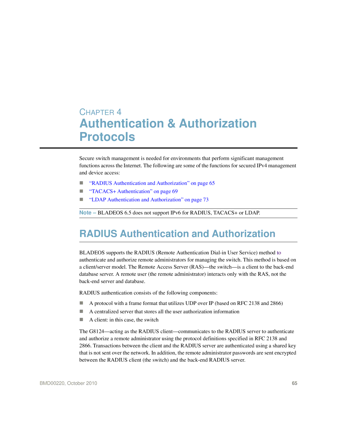 Blade ICE G8124-E manual Authentication & Authorization Protocols, Radius Authentication and Authorization 