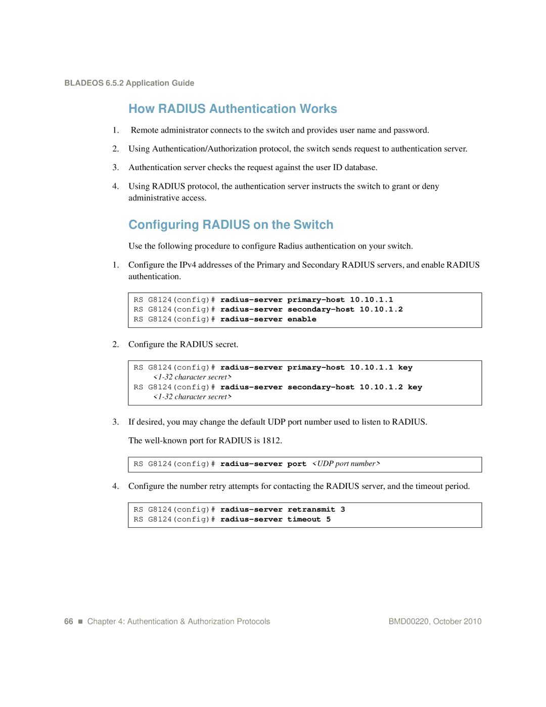 Blade ICE G8124-E manual How Radius Authentication Works, Configuring Radius on the Switch, Configure the Radius secret 