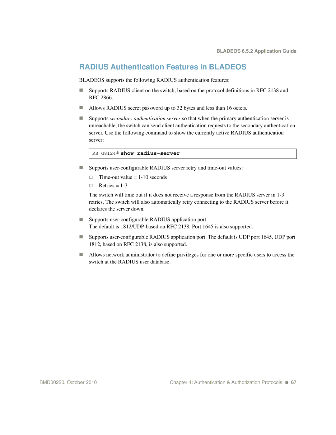 Blade ICE G8124-E manual Radius Authentication Features in Bladeos, RS G8124# show radius-server 