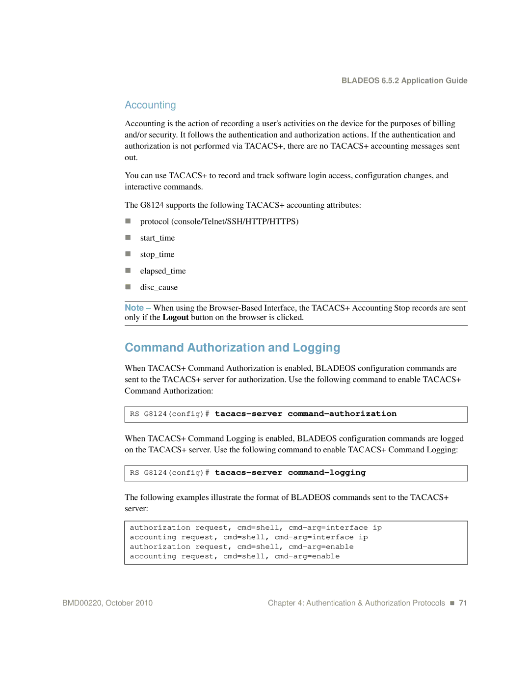 Blade ICE G8124-E manual Command Authorization and Logging, Accounting 