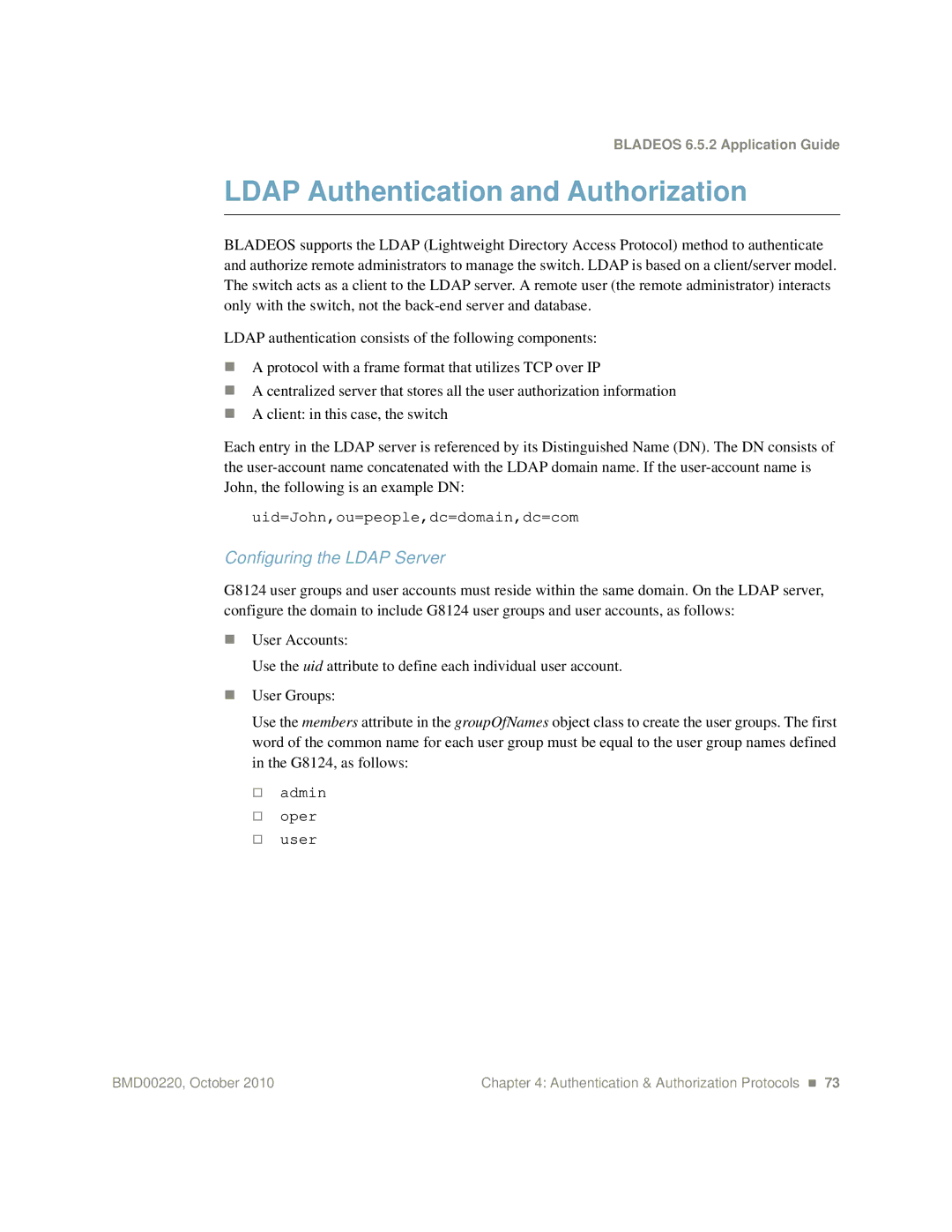 Blade ICE G8124-E manual Ldap Authentication and Authorization, Configuring the Ldap Server 