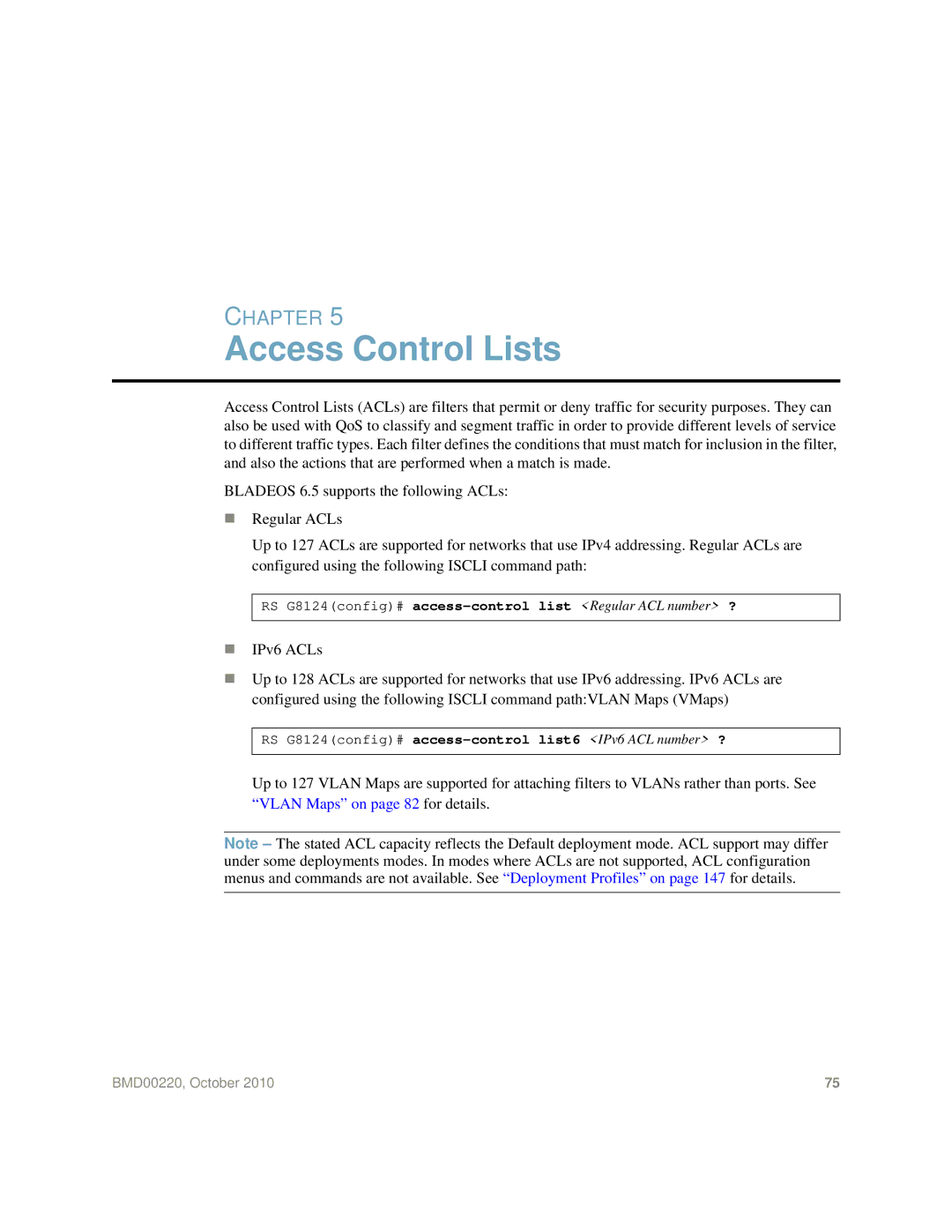 Blade ICE G8124-E manual Access Control Lists, RS G8124config# access-control list Regular ACL number ? 