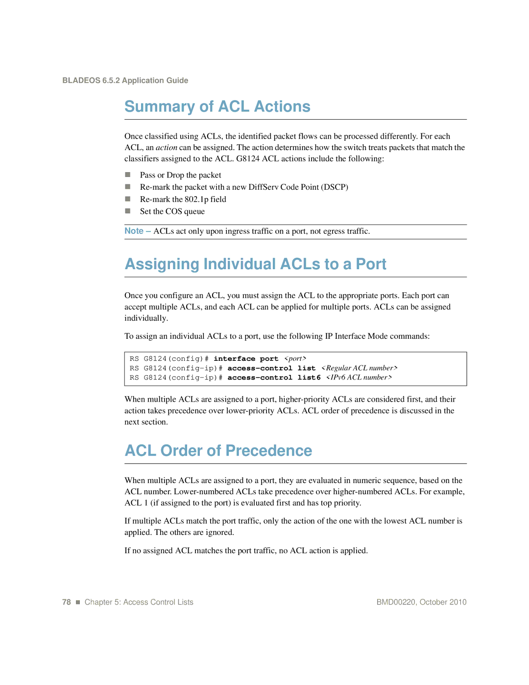 Blade ICE G8124-E manual Summary of ACL Actions, Assigning Individual ACLs to a Port, ACL Order of Precedence 