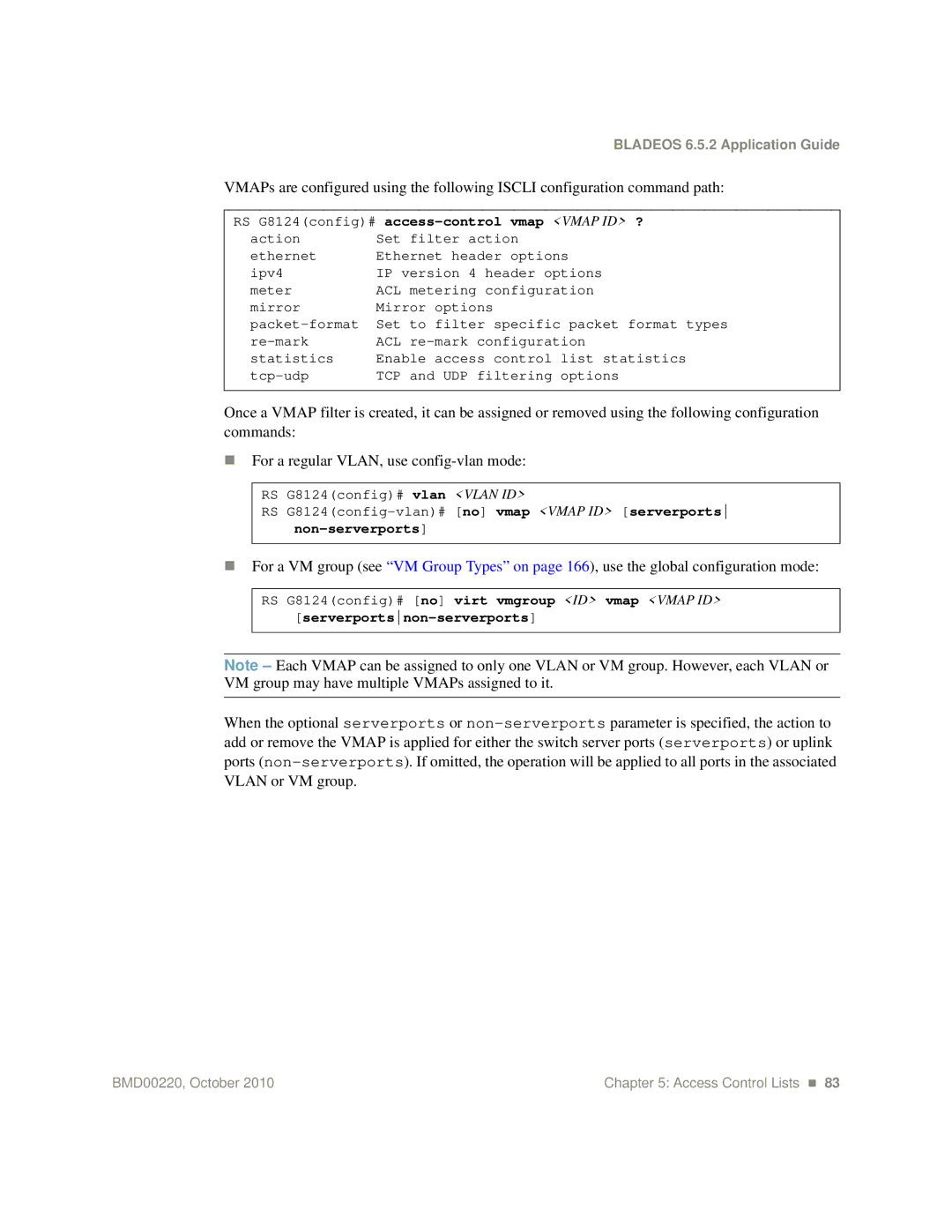 Blade ICE G8124-E manual RS G8124config# access-control vmap Vmap ID ?, Non-serverports, Serverportsnon-serverports 