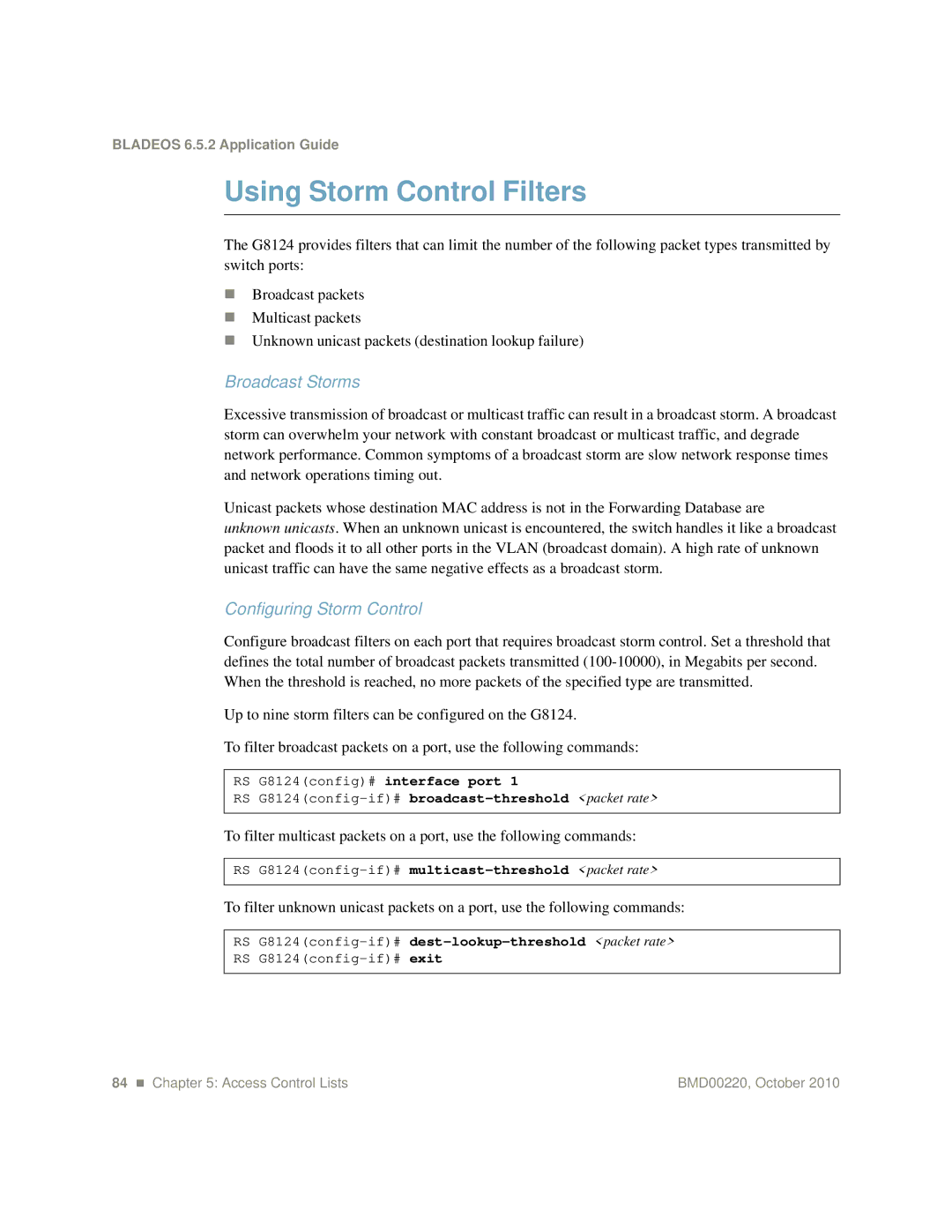 Blade ICE G8124-E manual Using Storm Control Filters, Broadcast Storms, Configuring Storm Control 