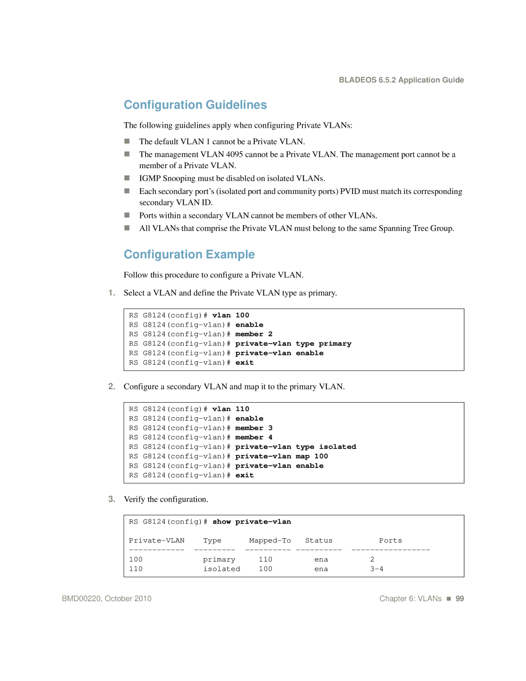 Blade ICE G8124-E manual Configuration Guidelines, Configuration Example, Verify the configuration 