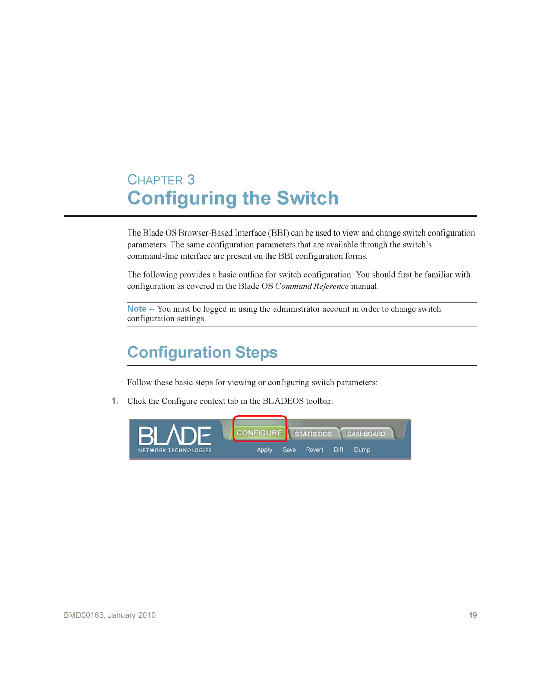 Blade ICE G8124 manual Configuring the Switch, Configuration Steps 