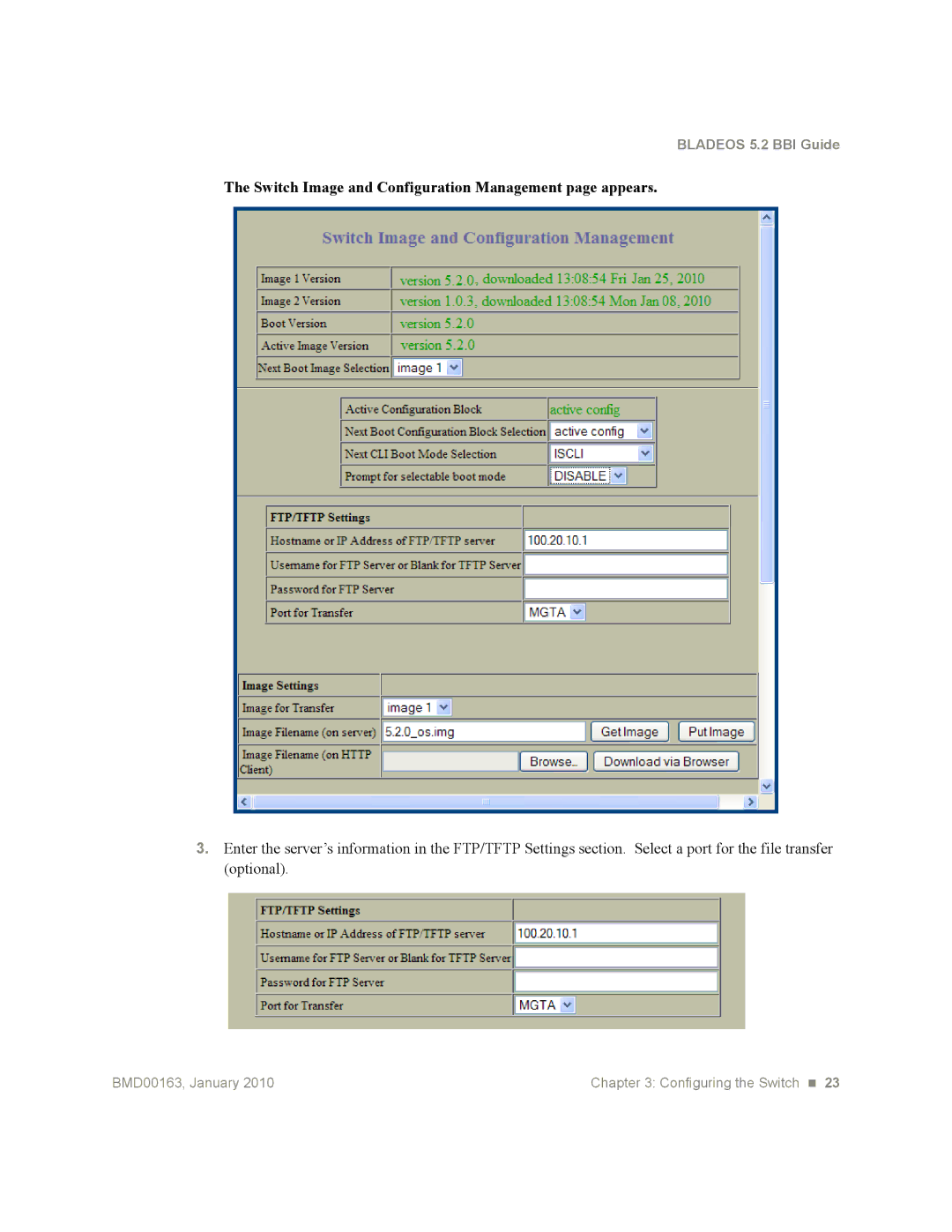 Blade ICE G8124 manual Switch Image and Configuration Management page appears 