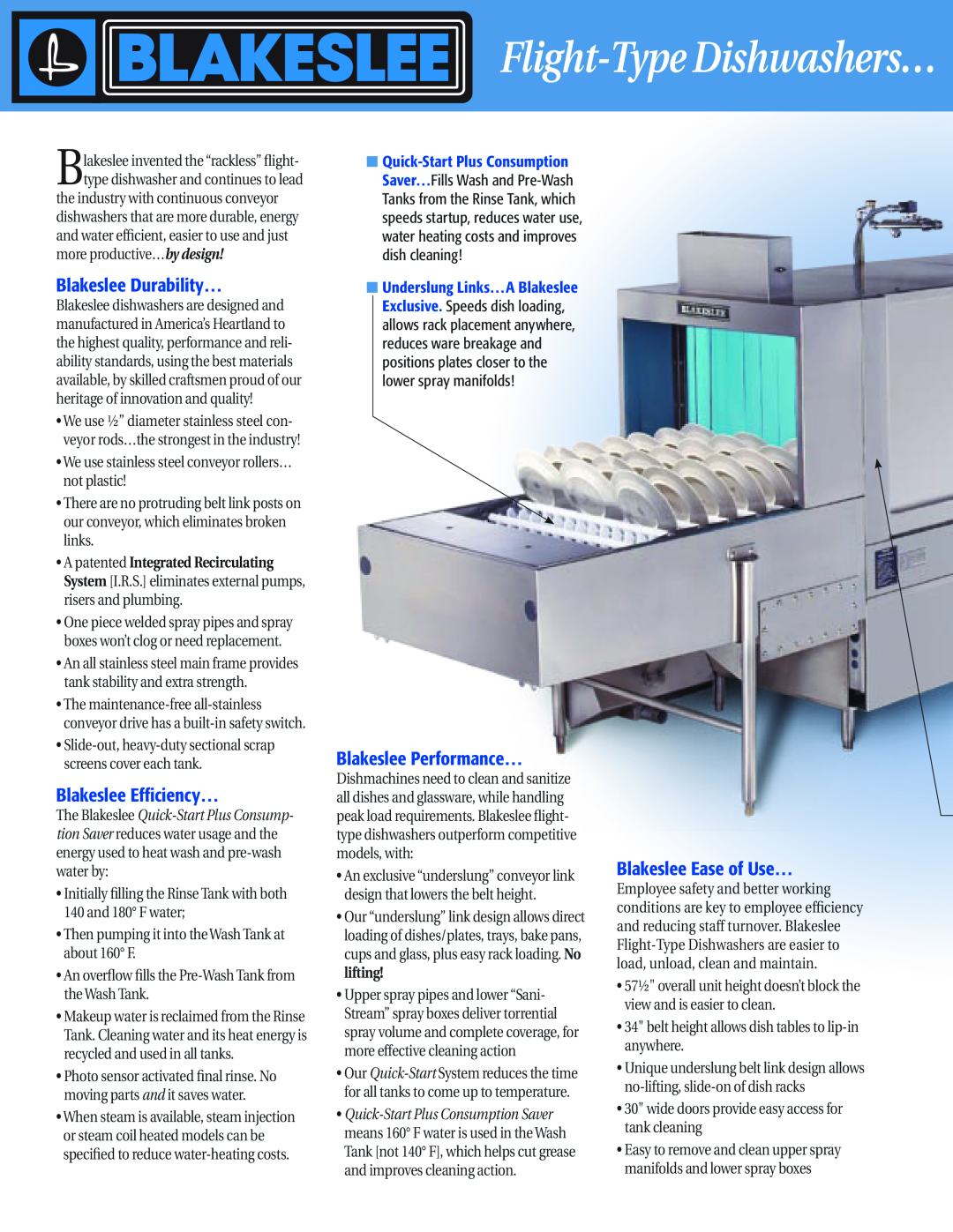 Blakeslee Dishwashing & Kitchen Equipment manual Blakeslee Durability…, Blakeslee Efficiency…, Blakeslee Performance… 