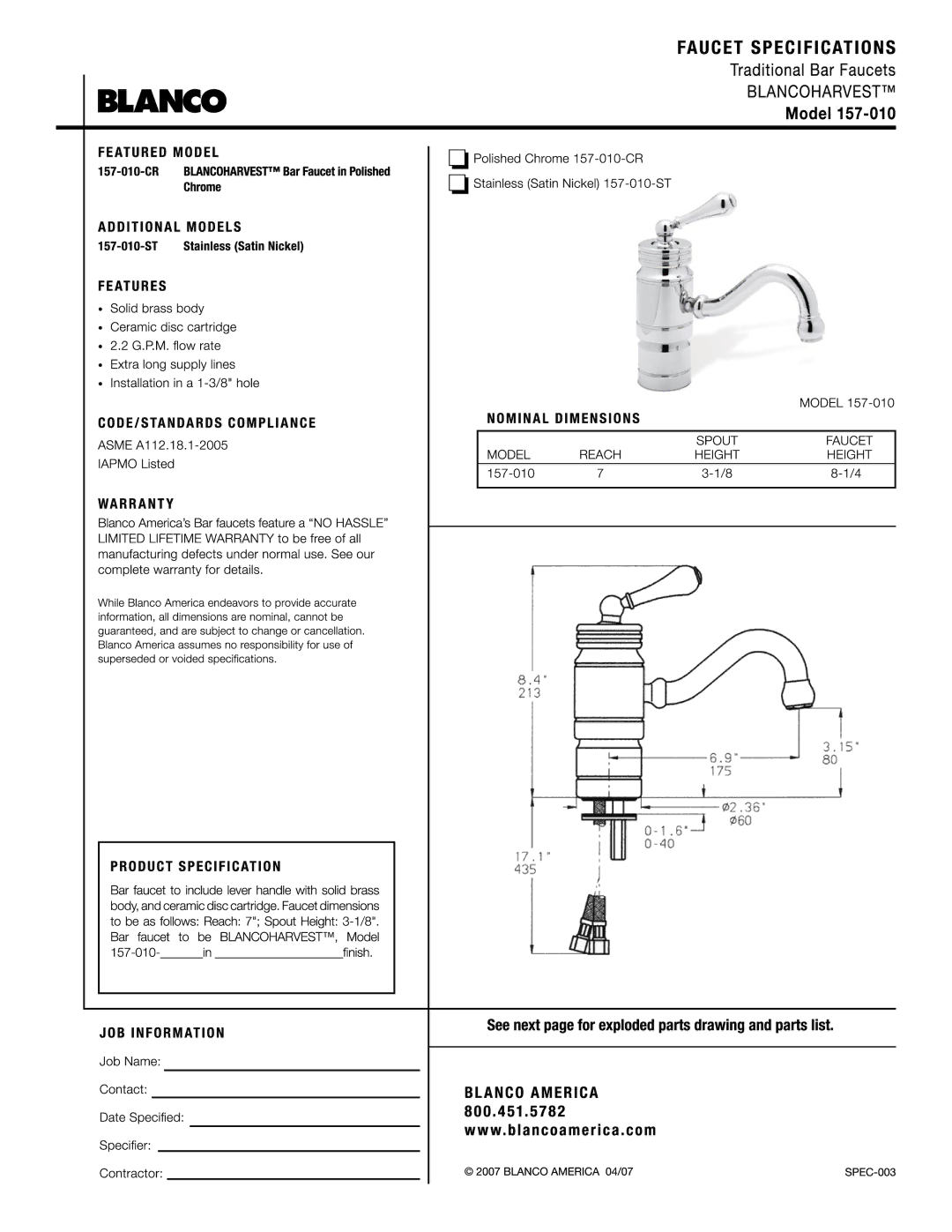 Blanco 157-010 manual 