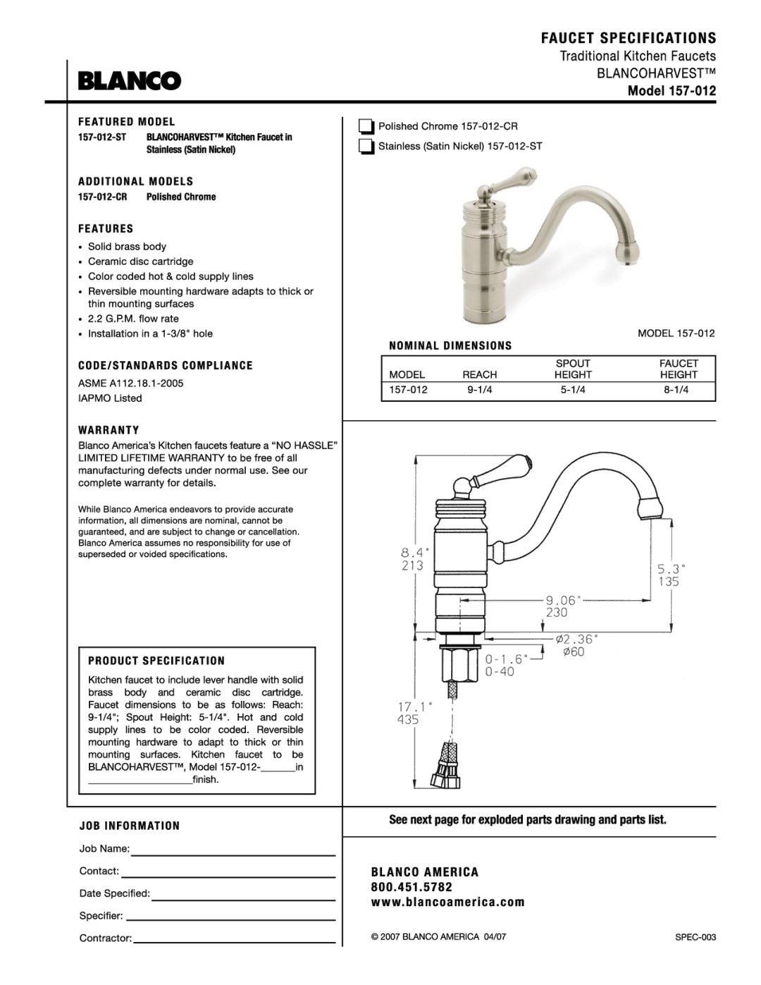 Blanco 157-012 manual 