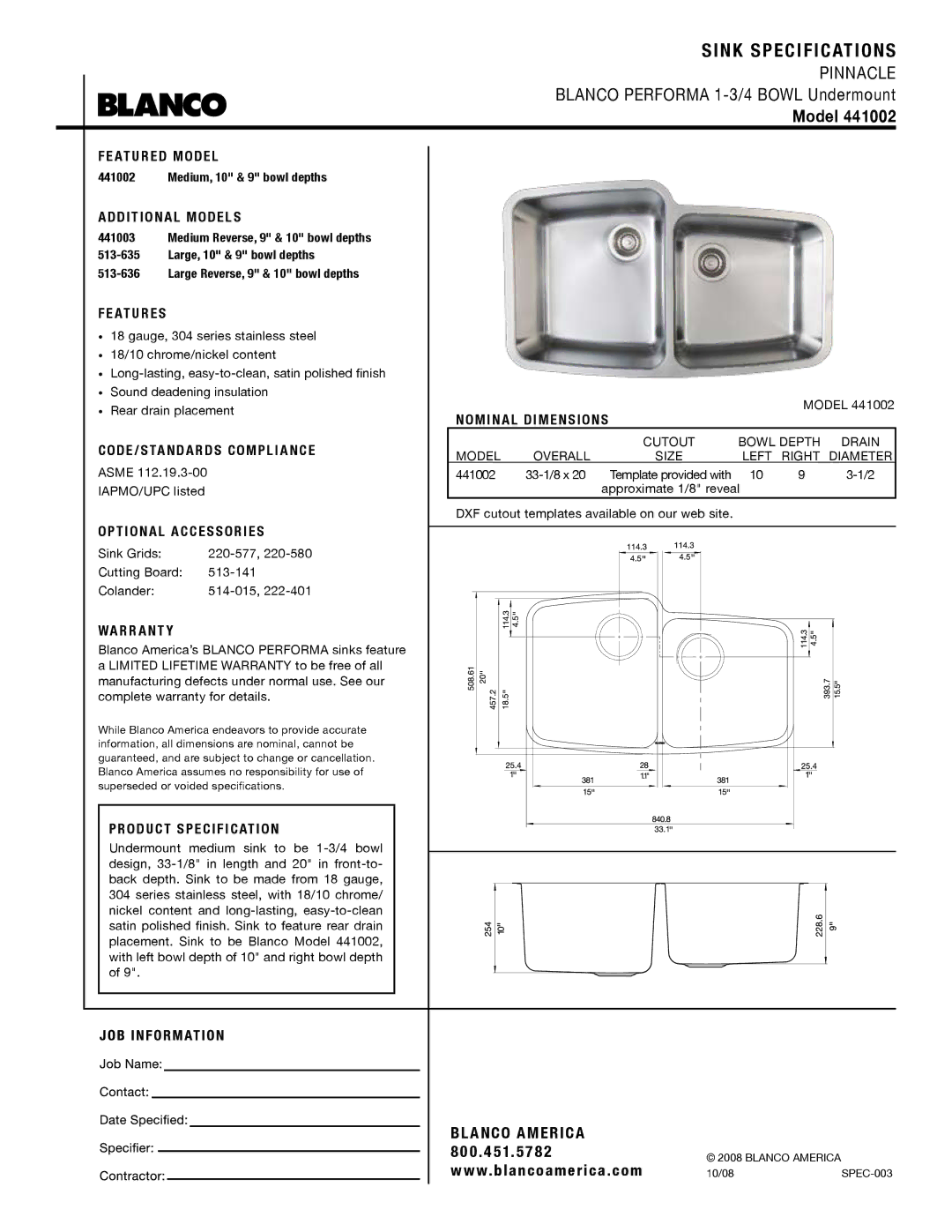 Blanco 441002 warranty Sink Specifications, Model 