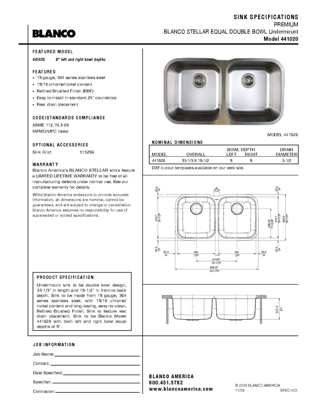 Blanco 441020 warranty Sink Specifications, Model 