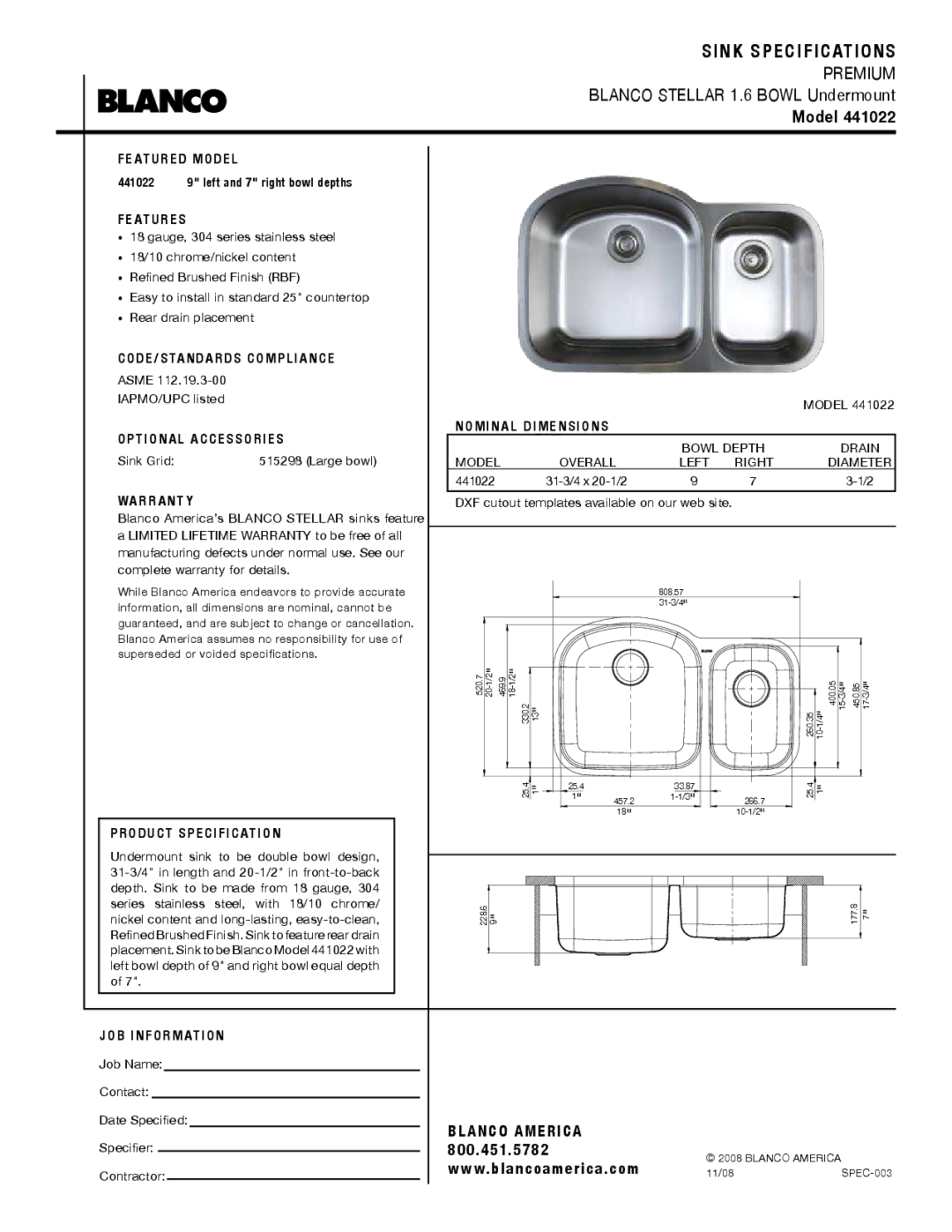 Blanco 441022 warranty Sink Specifications, Model 