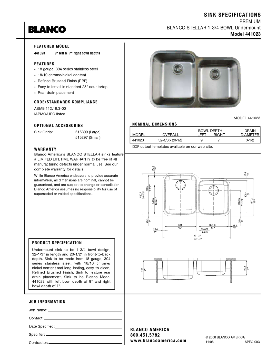 Blanco 441023 warranty Sink Specifications, Model 