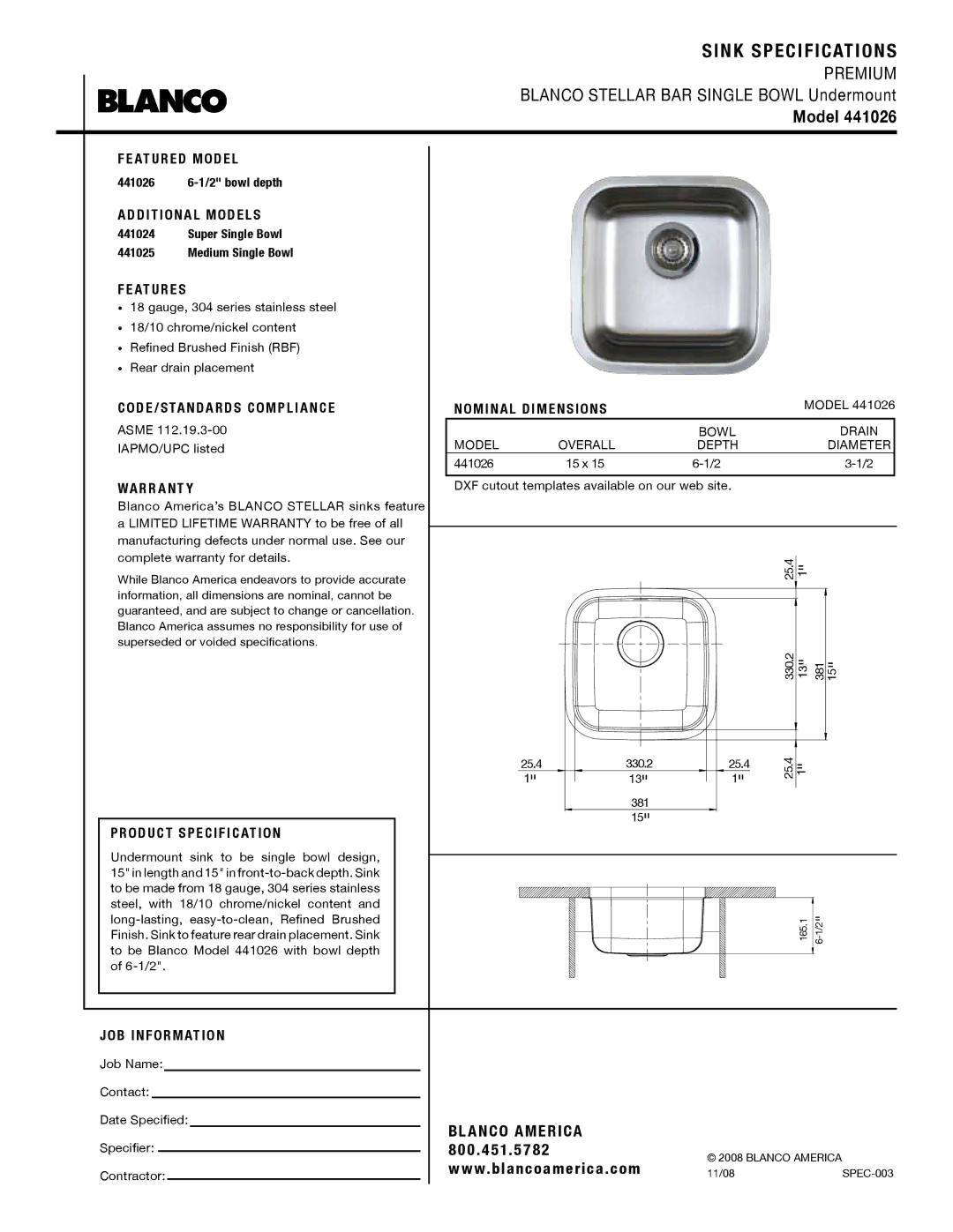 Blanco 441026 warranty Sink Specifications, Model 