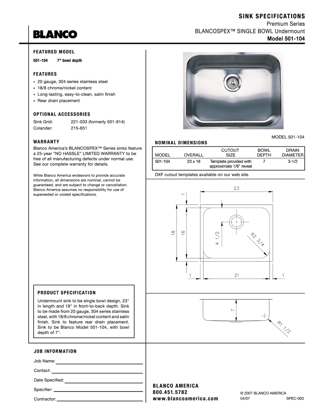 Blanco 501-104 manual 