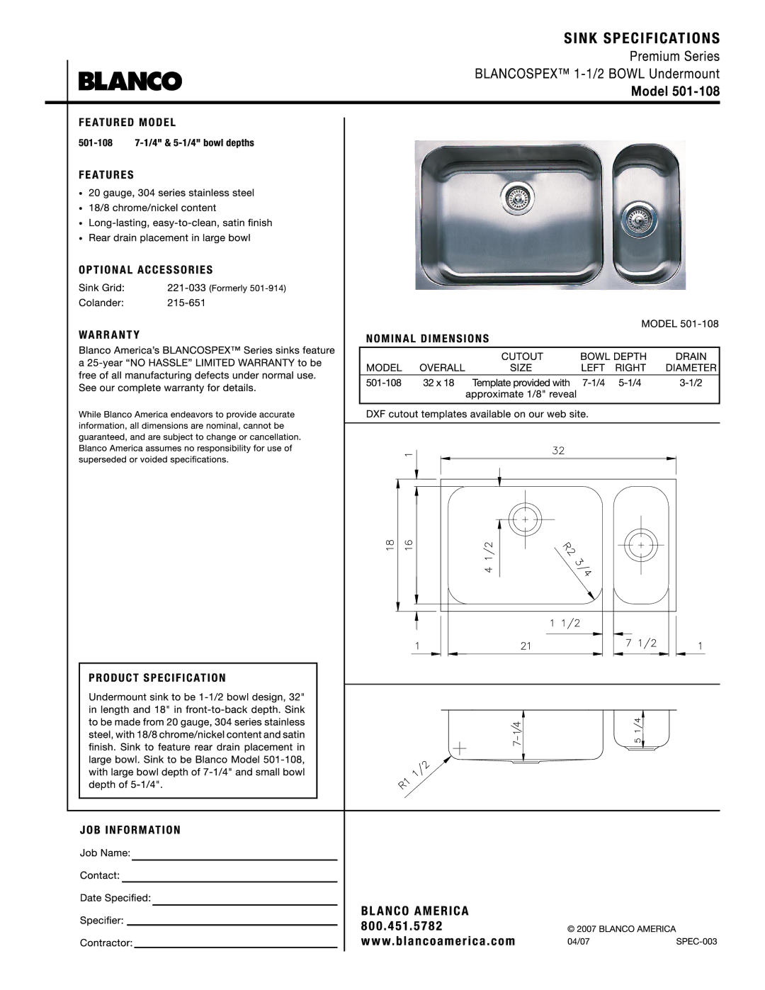 Blanco 501-108 manual 