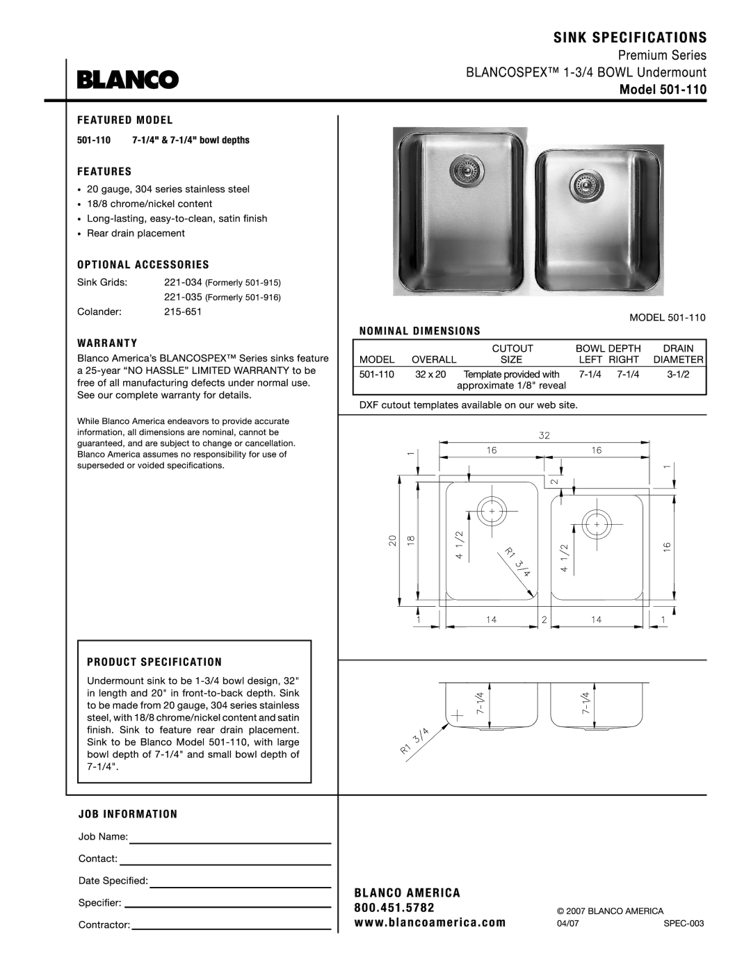 Blanco 501-110 manual 